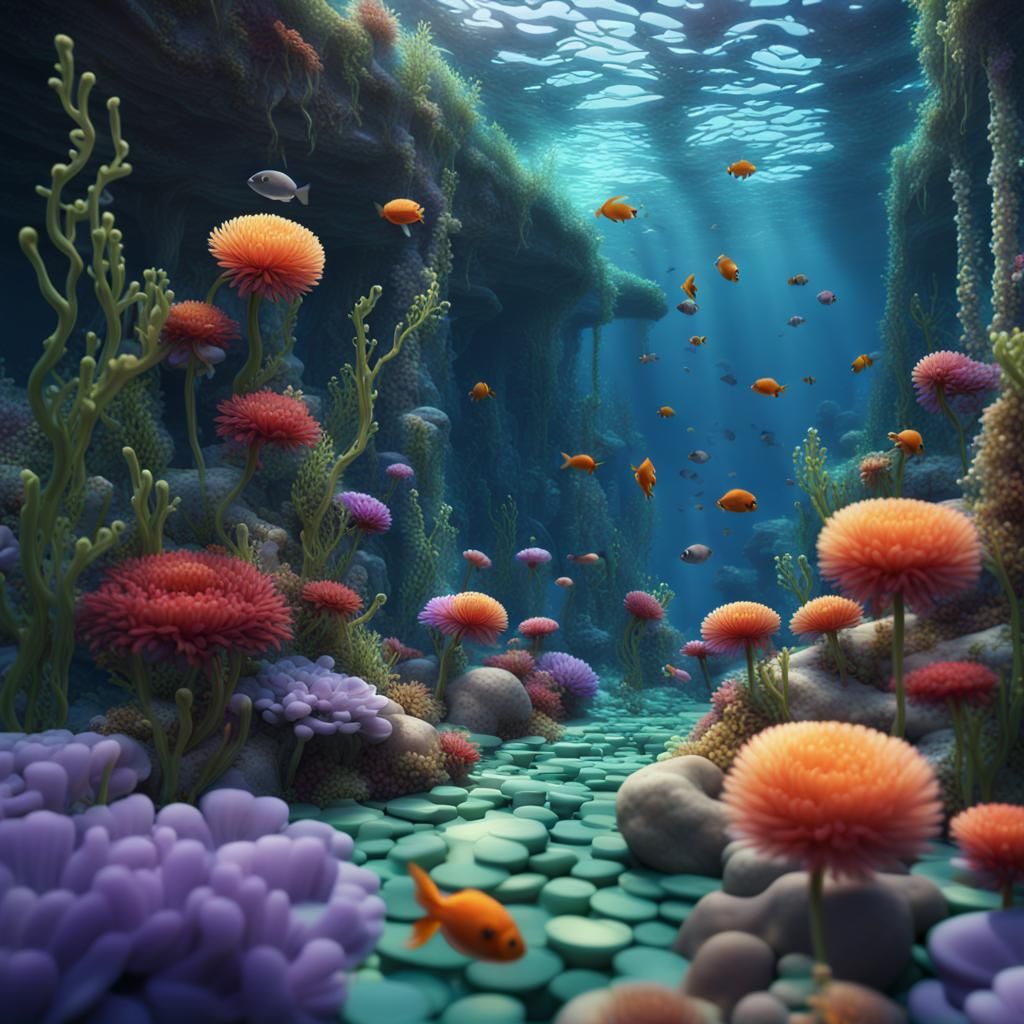 Underwater Mosaic Scene with Colorful Anemones