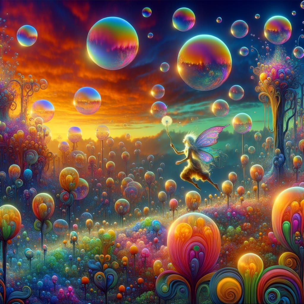 Sprite in a Bubble Field, Art Nouveau Style