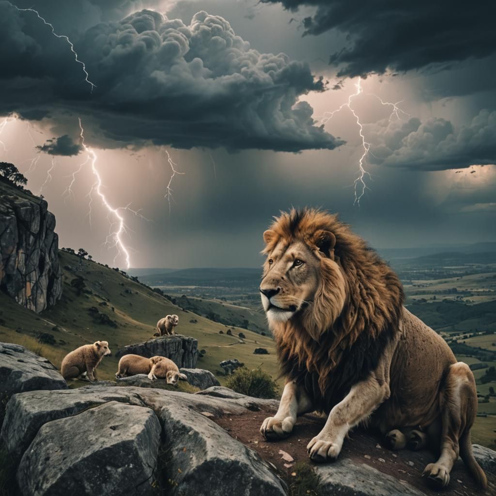 Sheep on Cliff with Lion in Dramatic Lighting
