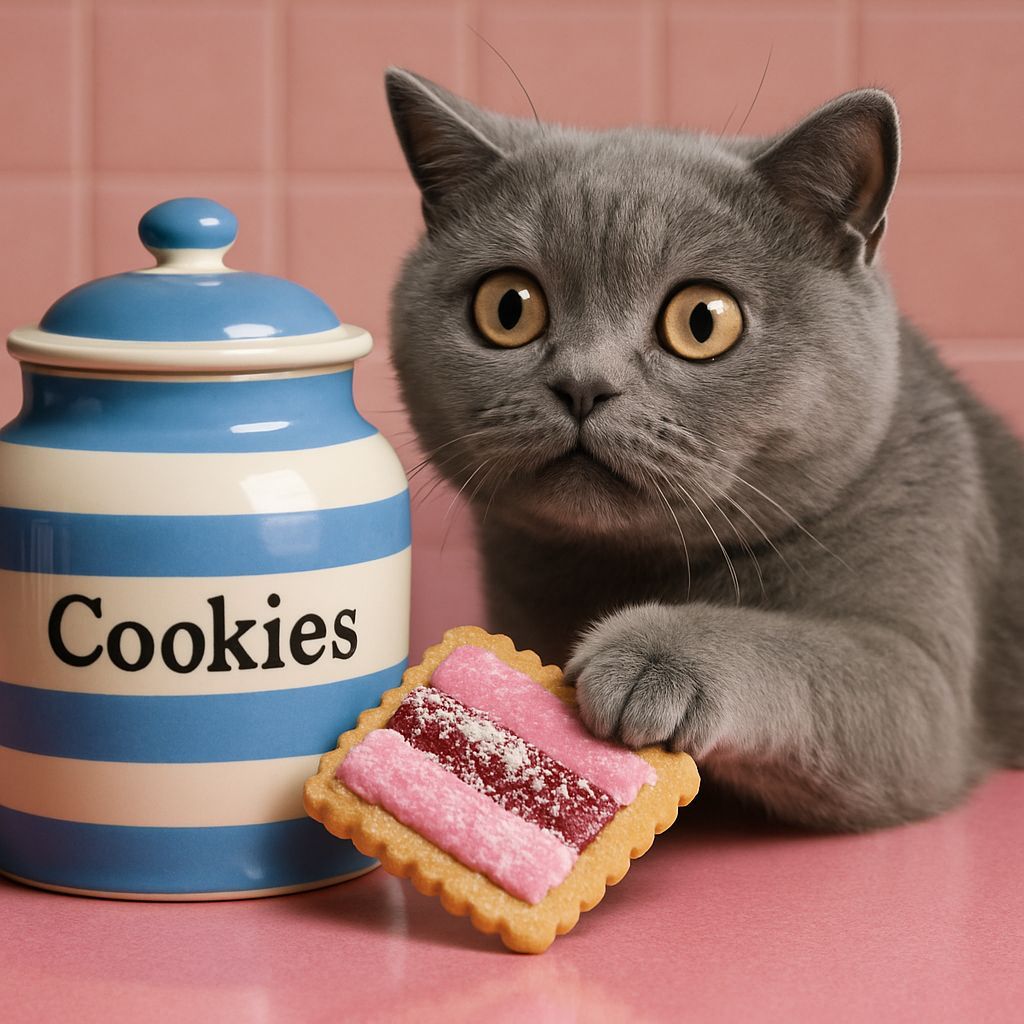 Cute Cat Steals Iced Vovo Biscuit on Pink Bench