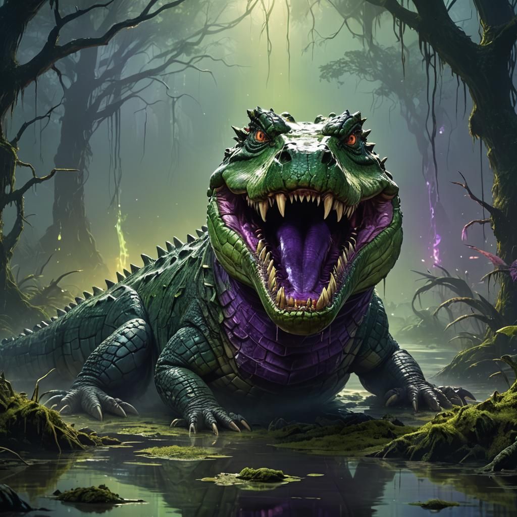 Venomous Crocodile in Eerie Swamp: Concept Art