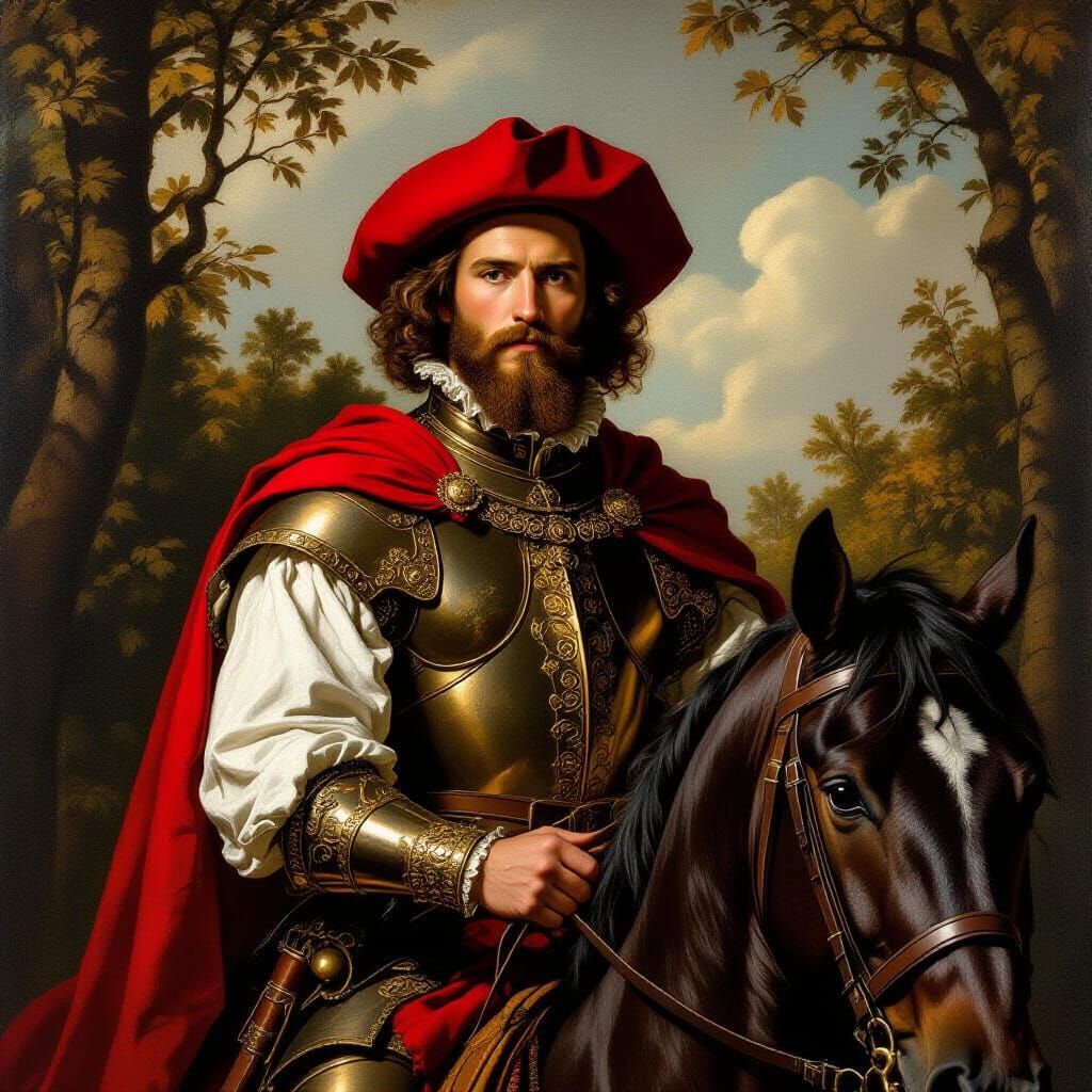 Renaissance Horseman in Dark Forest, Caravaggio Style