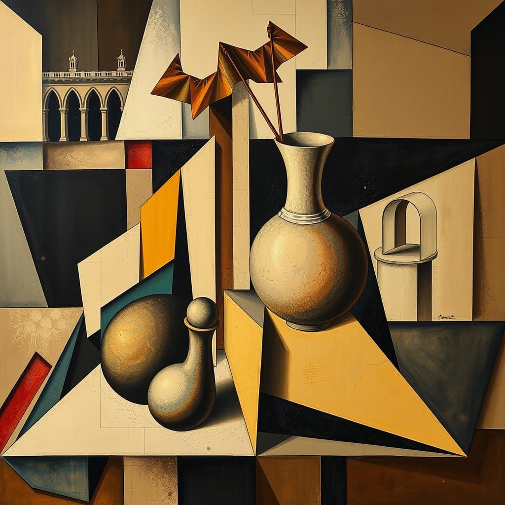Abstract Cubist Cityscape in Earthy Tones