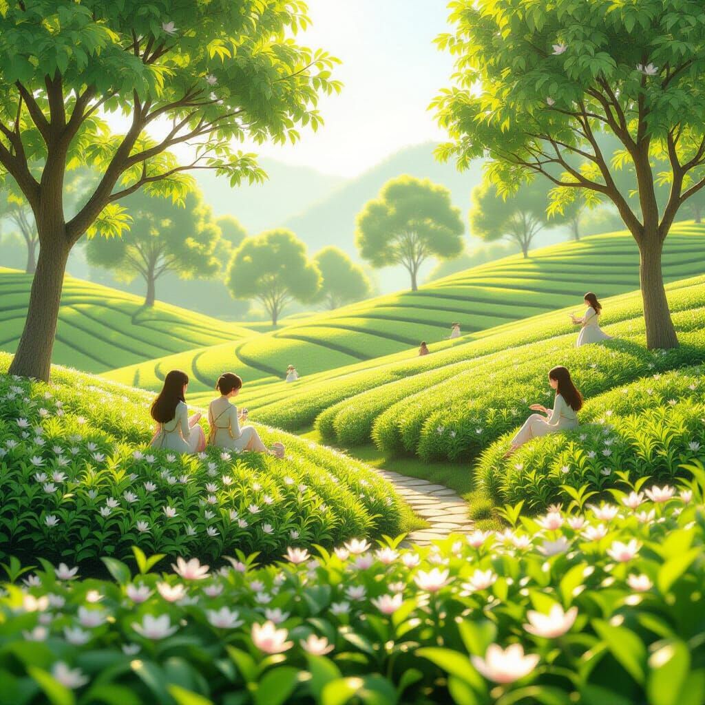 Magical Tea Garden with Blooming Leaves