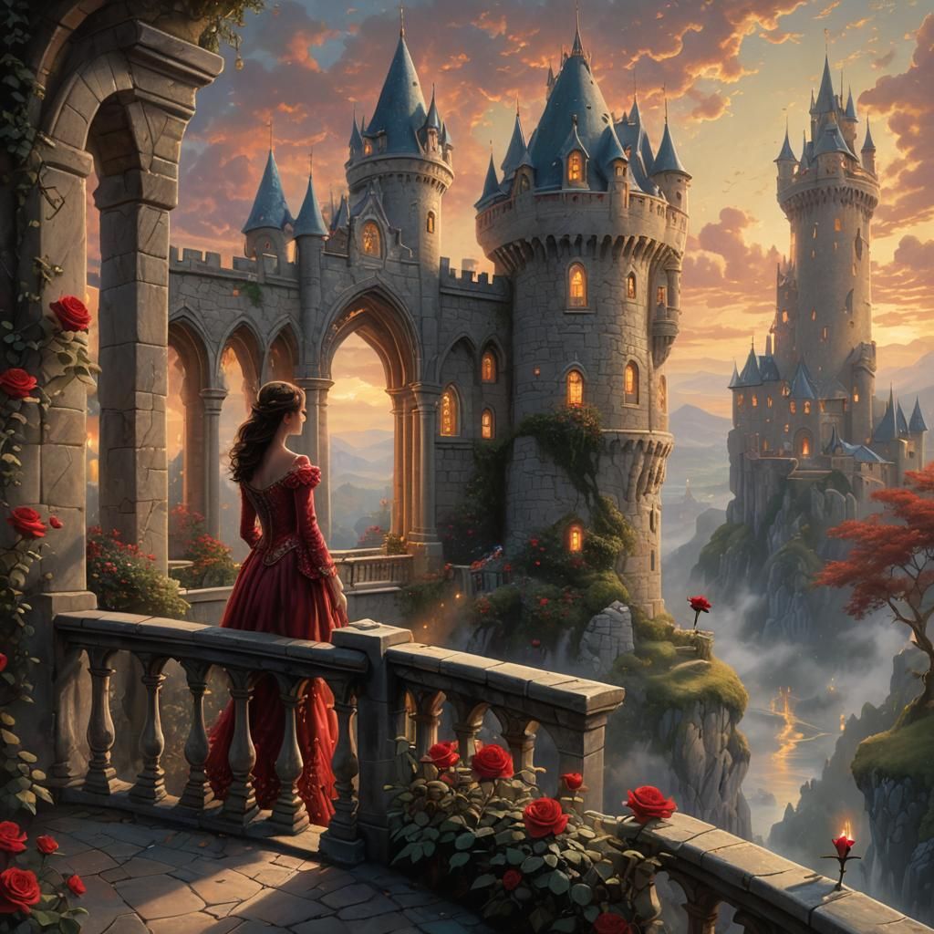Glowing Rose on Castle Balcony in Ethereal Style