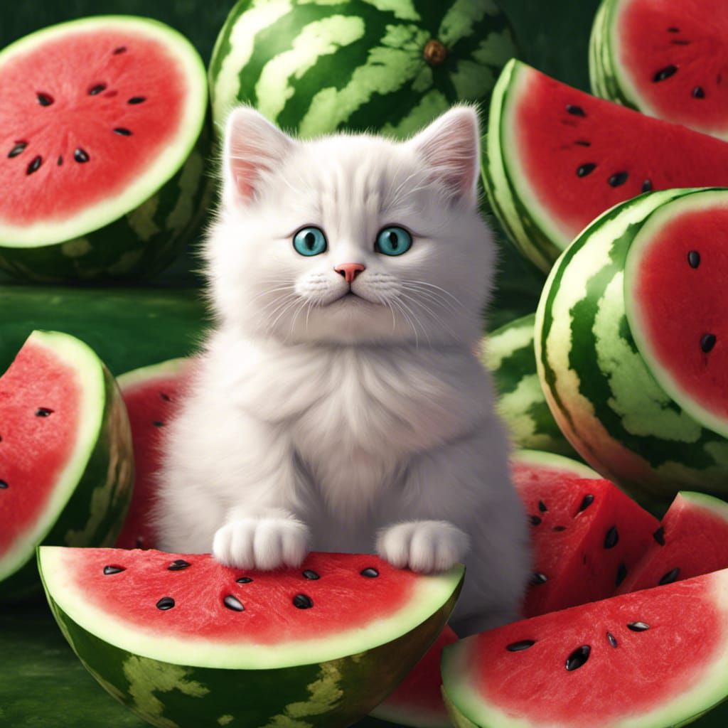 Fluffy Kitten's Watermelon Feast: Candy Art Style