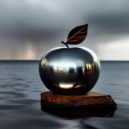 Metallic Apple Sculpture Reflects Stormy Sky