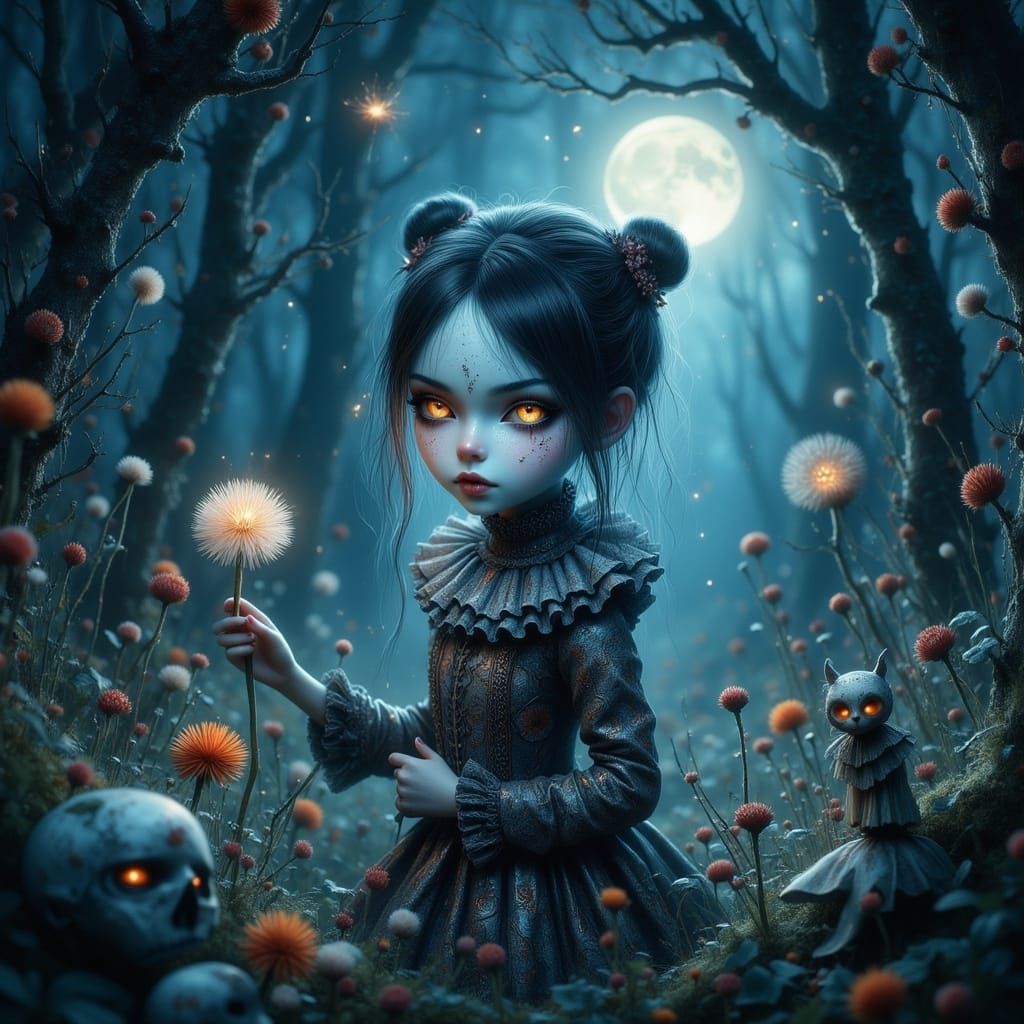 Porcelain Girl with Star Dandelion in Mystical Forest