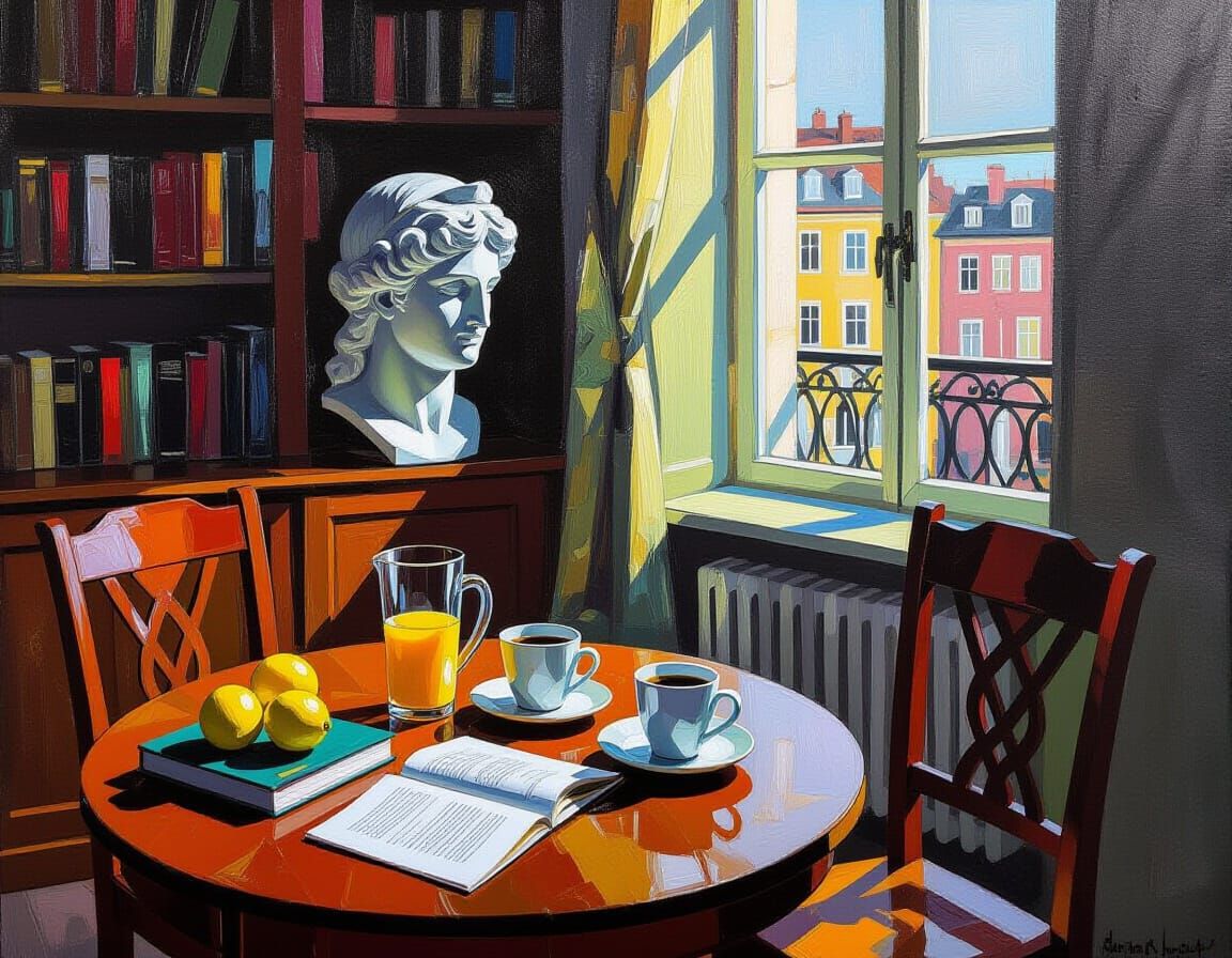 Abstract Still Life with Bookshelves and Neon Accents