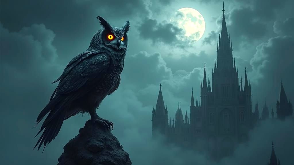 Majestic Owl with Obsidian Feathers on Cathedral Spire