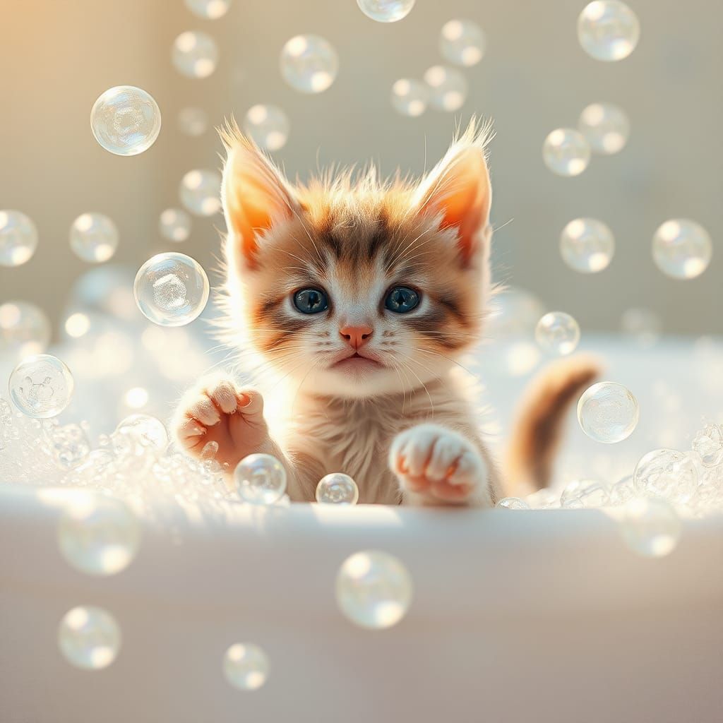 Playful Kitten in a Bubble Bath, Watercolor Style