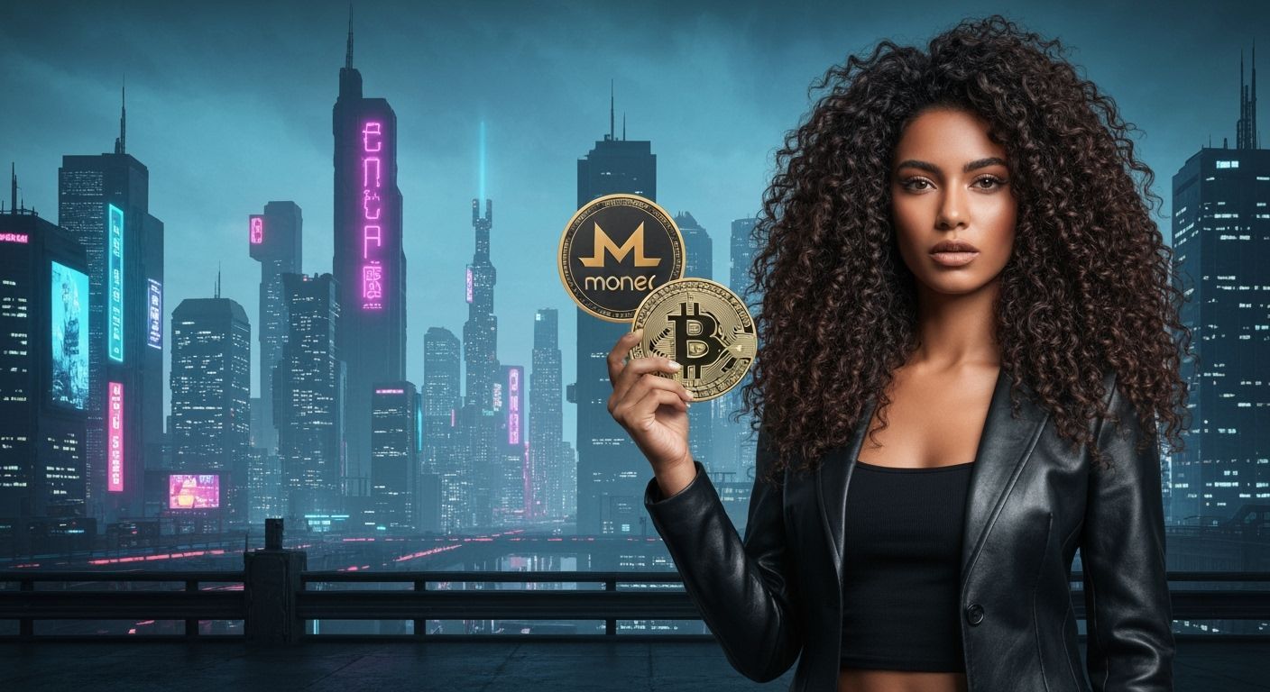 Latino Model in Cyberpunk Cityscape with Crypto Coins