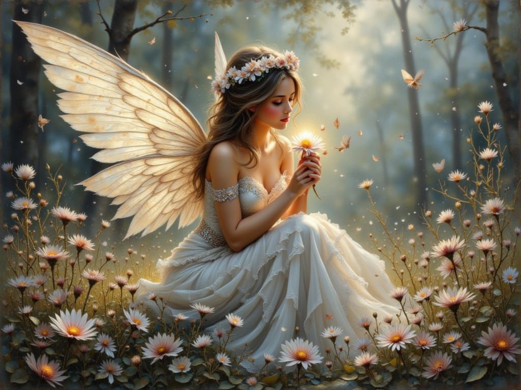 Angel Fairy in Twilight Meadow with Luminous Blossoms