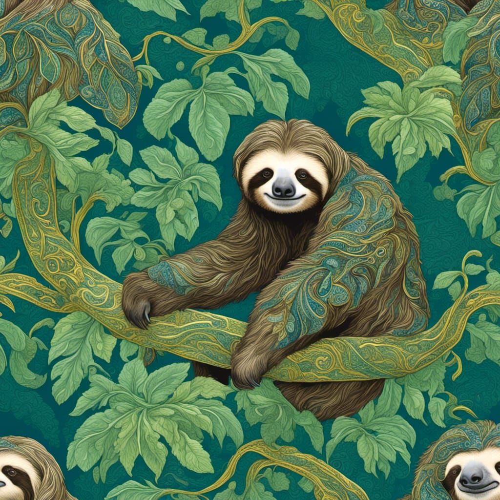 Paisley Sloth Lounging in a Tropical Landscape