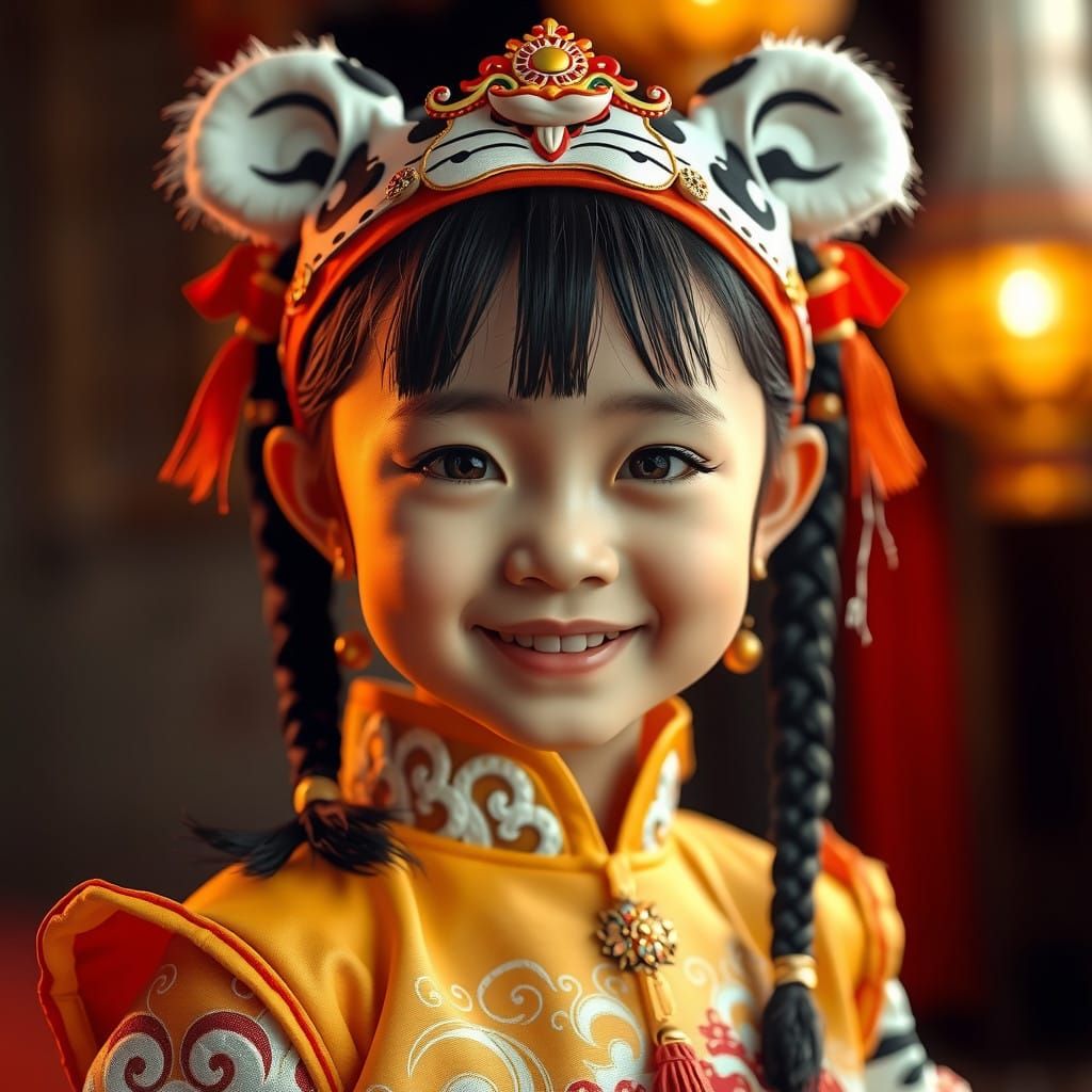 Little Girl in Chinese White Tiger Costume with Braided Pigt...