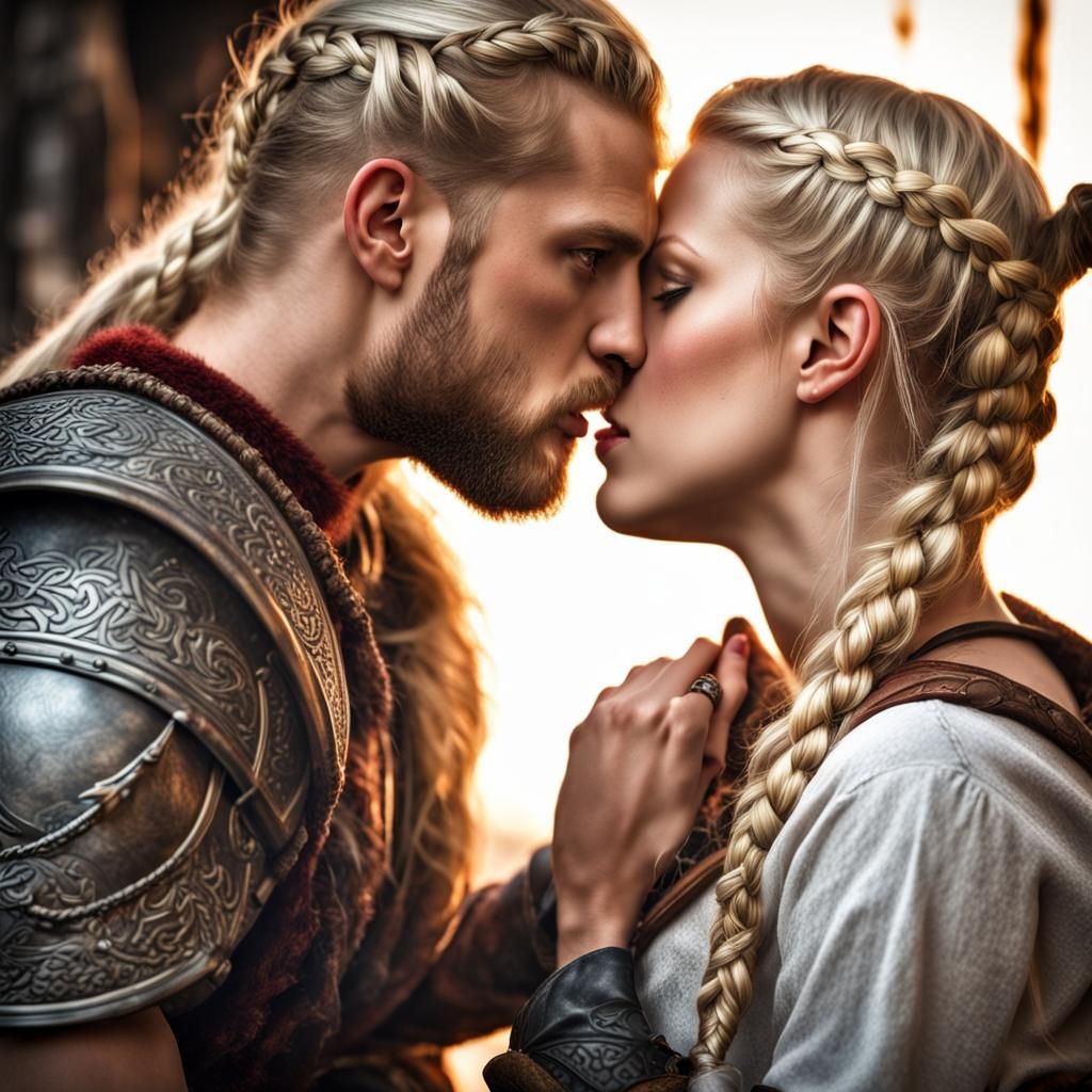 Viking Woman's Kiss: Braided Hair, Intimate Moment