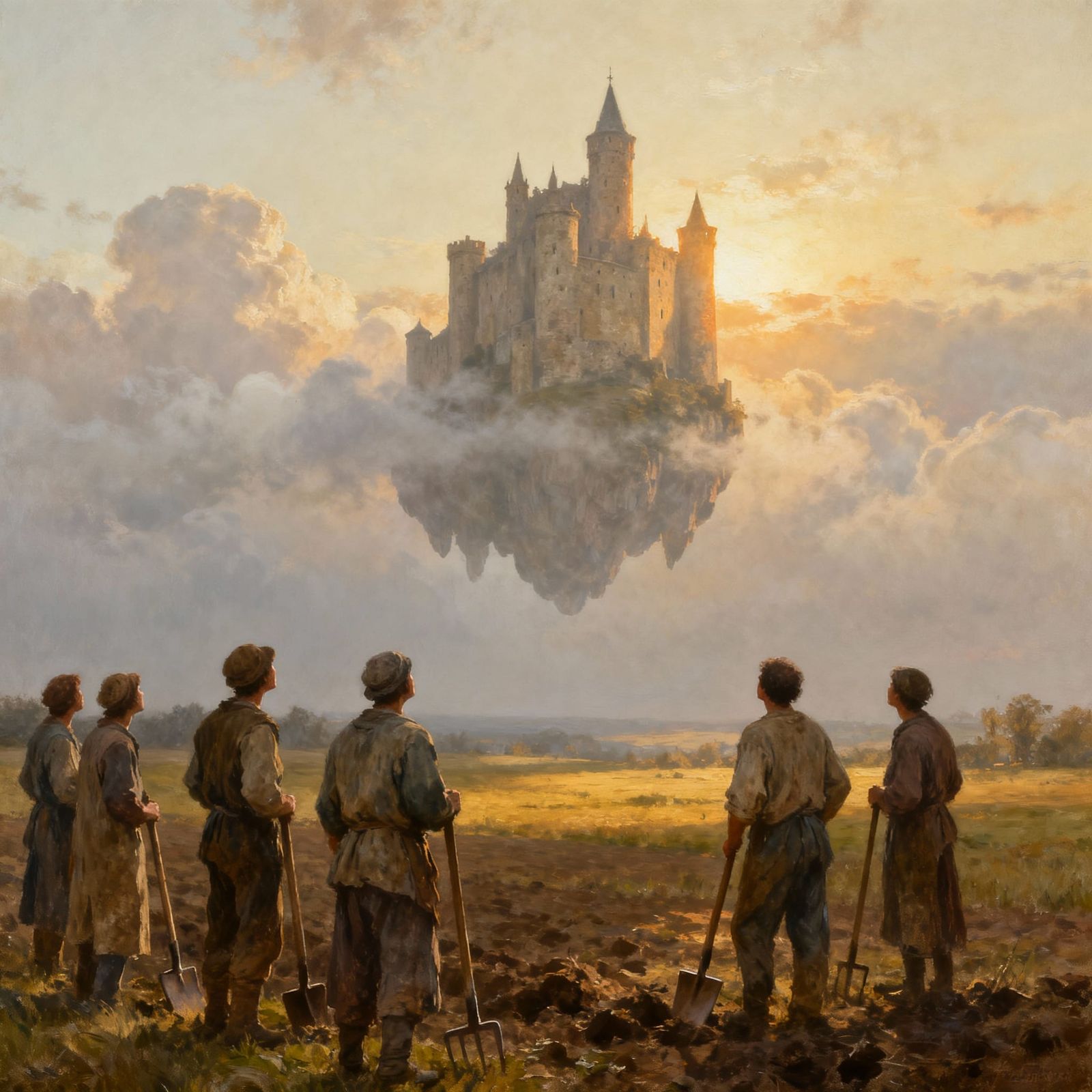 Peasants Witness Floating Castle in Dreamlike Sky
