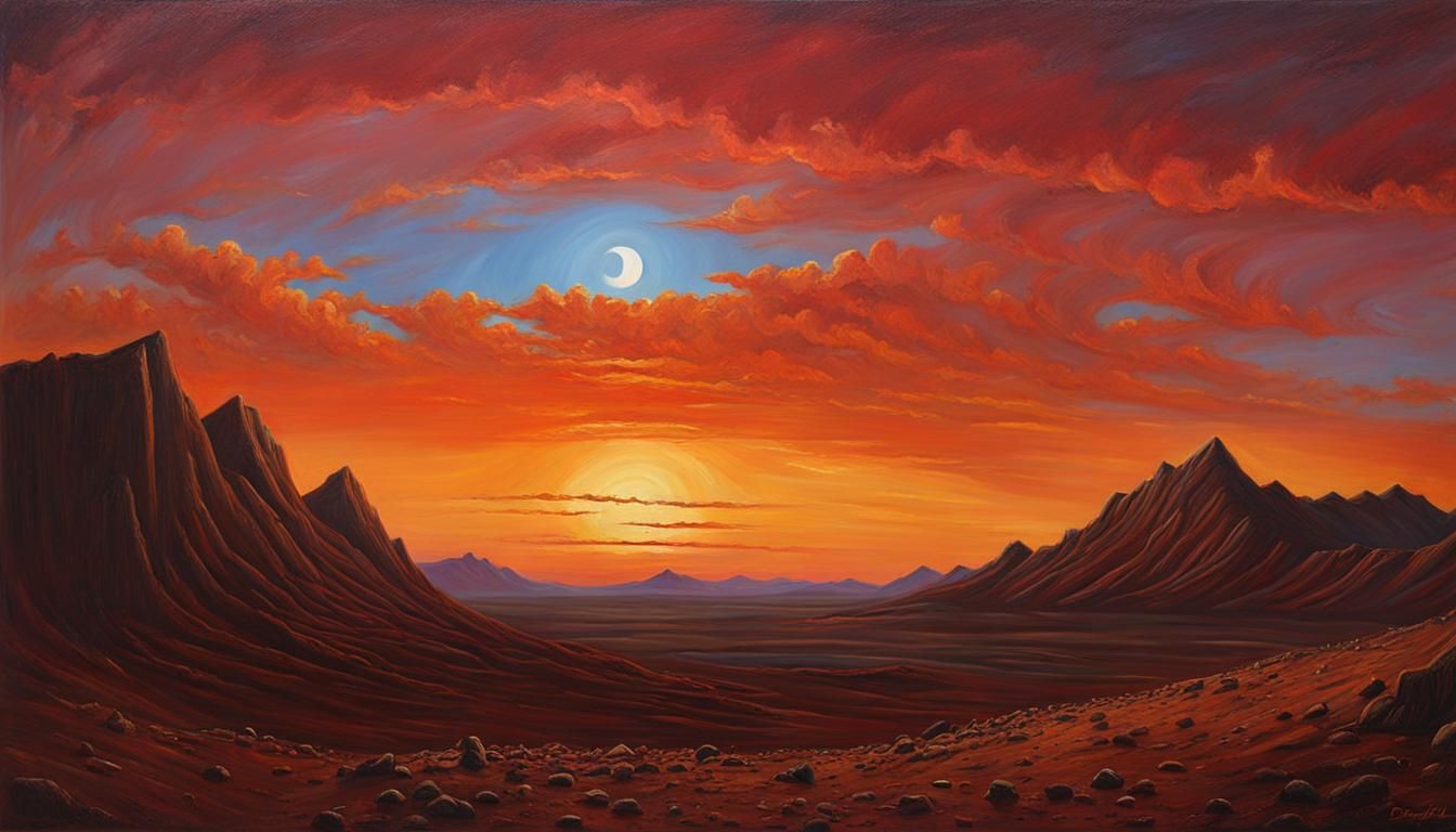 Martian Sunset with Colorful Sky, Oil Painting