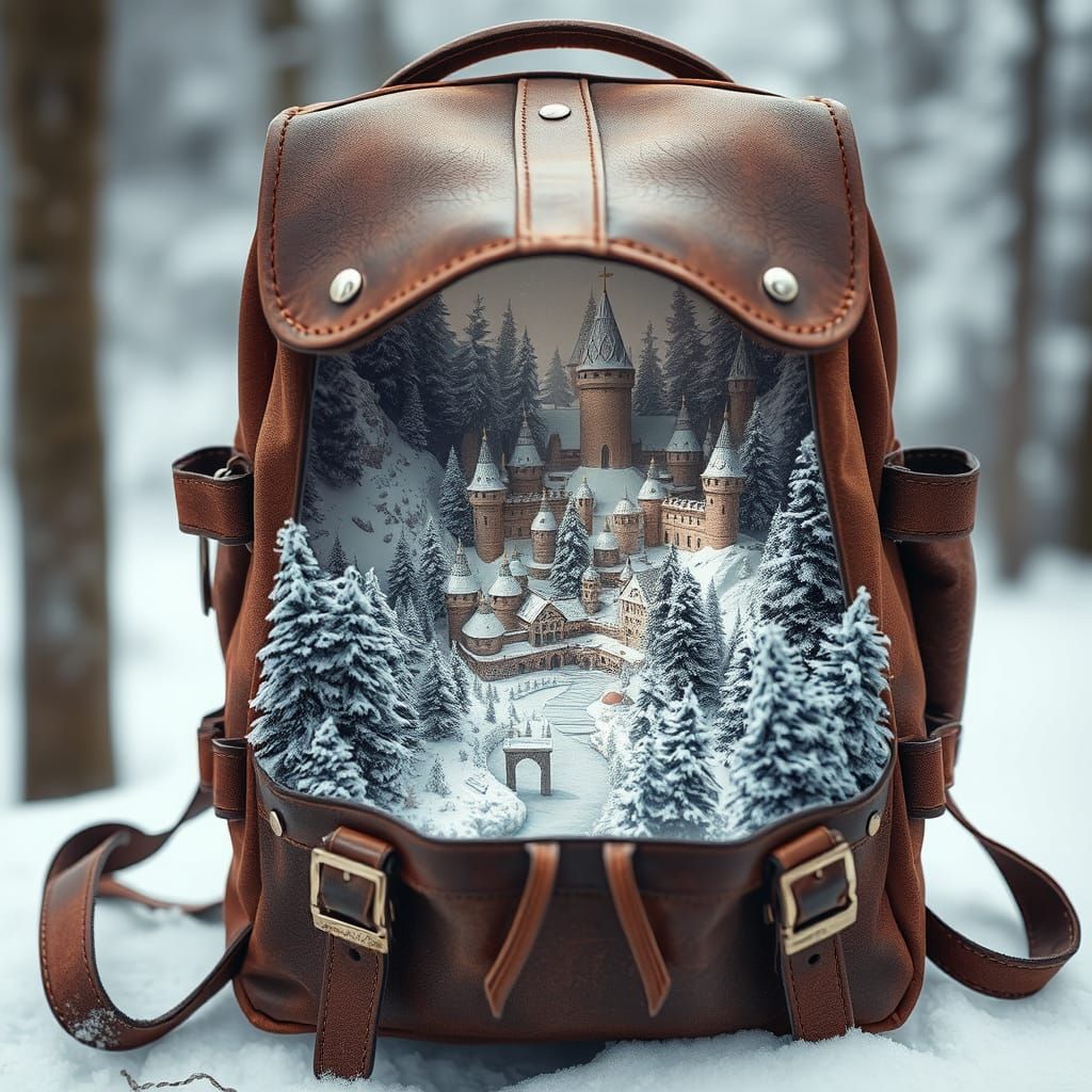 Mystical Winter Kingdom in Earth-Toned Leather Backpack