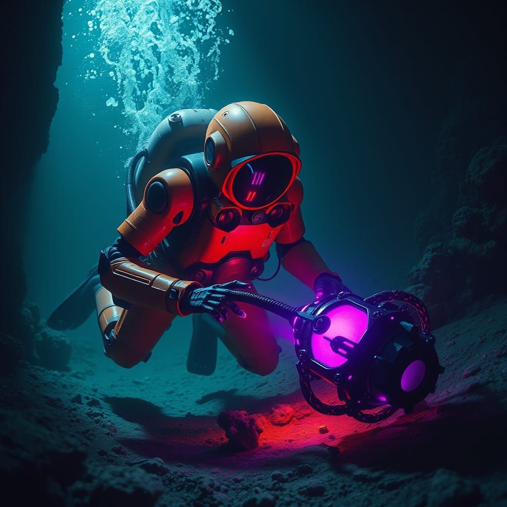Underwater Robot Finds Purple Artifact in Futuristic Style