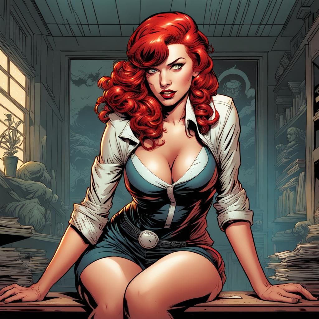 Red-Haired Woman in Pinup Style Comic Art