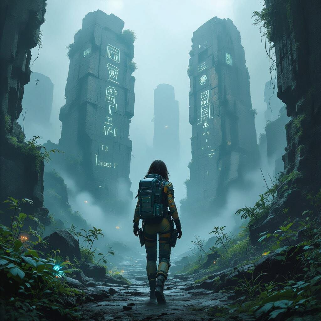 Explorer Navigating Alien Ruins in Biomechanical Style