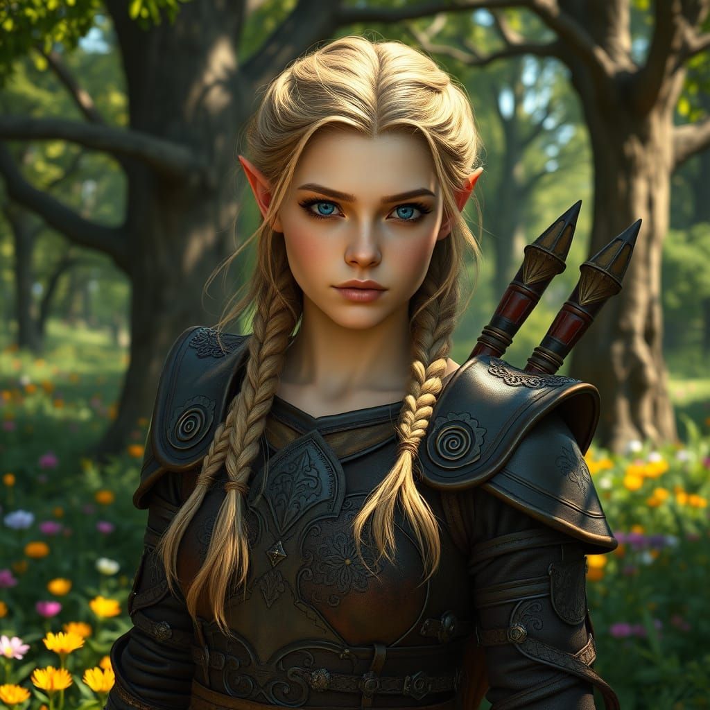 Elven Woman in Forest, Art Nouveau Style