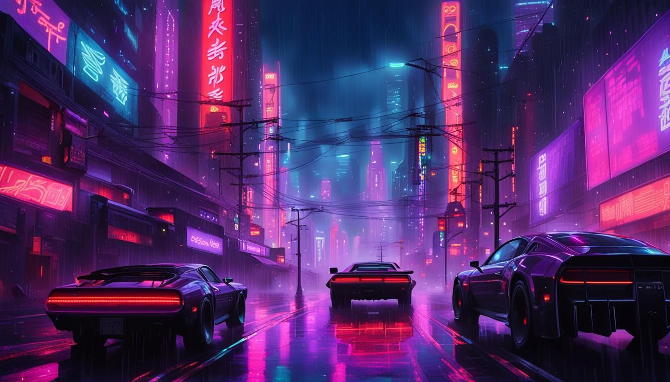 Cyberpunk Cityscape at Night with Neon Reflections