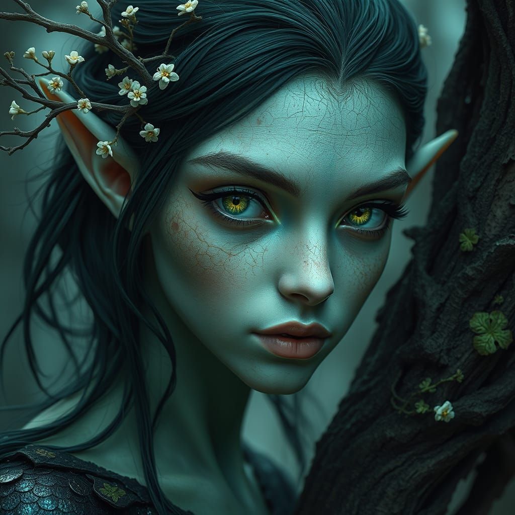 Mystical Bog Elf with Iridescent Hair and Shimmering Scales