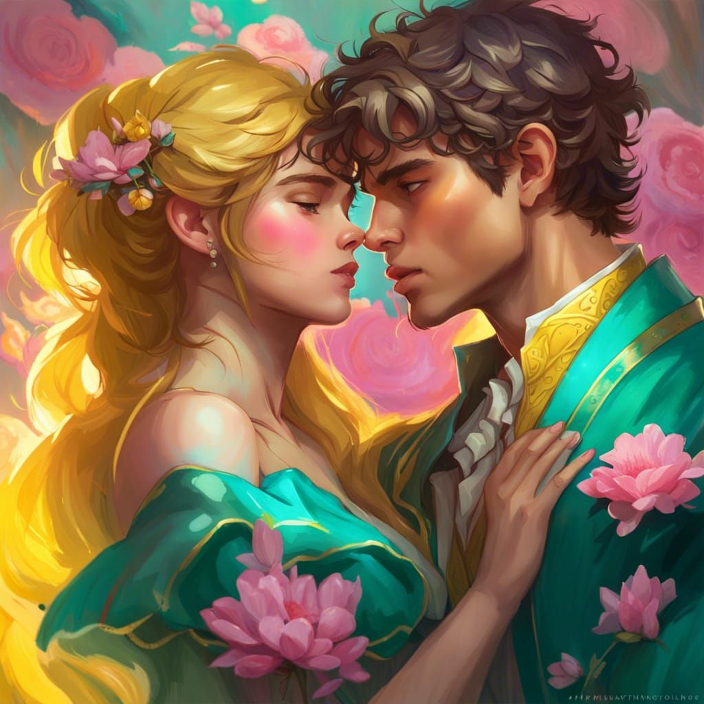 Charming Prince and Princess Kiss in Art Nouveau Style