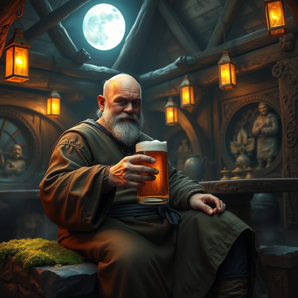 Mystical Tavern: Balding Man Savoring Beer