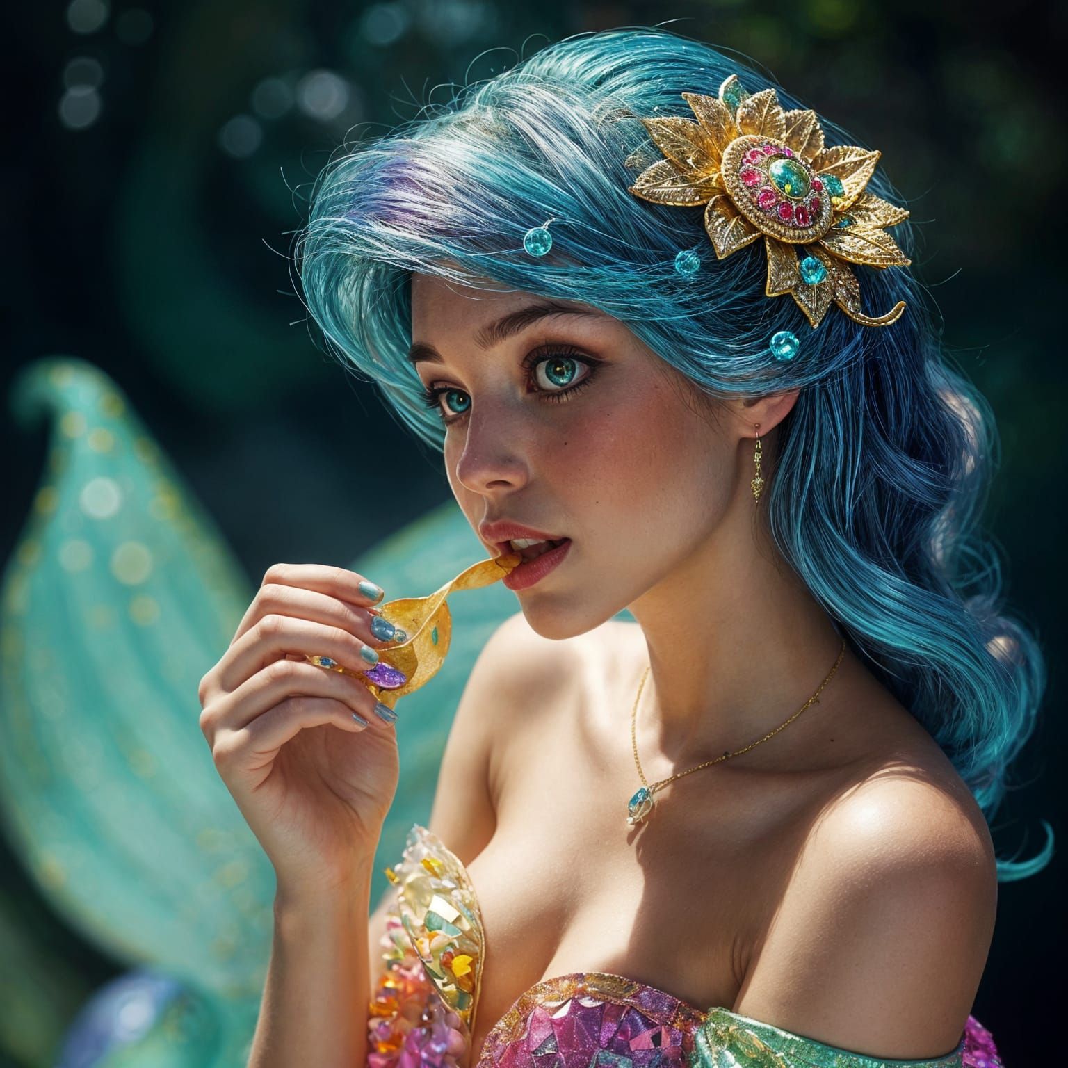 Colorful Mermaid Eating Chips Under the Sea