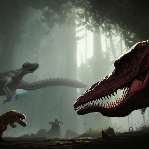 T-Rex in Epic Dinosaur Battle: Dark Fantasy Art