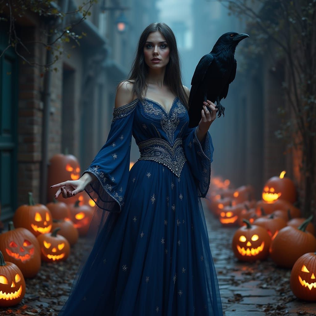 Mystical Witch Surrounded by Gnarled Pumpkins on a Dark Hall...