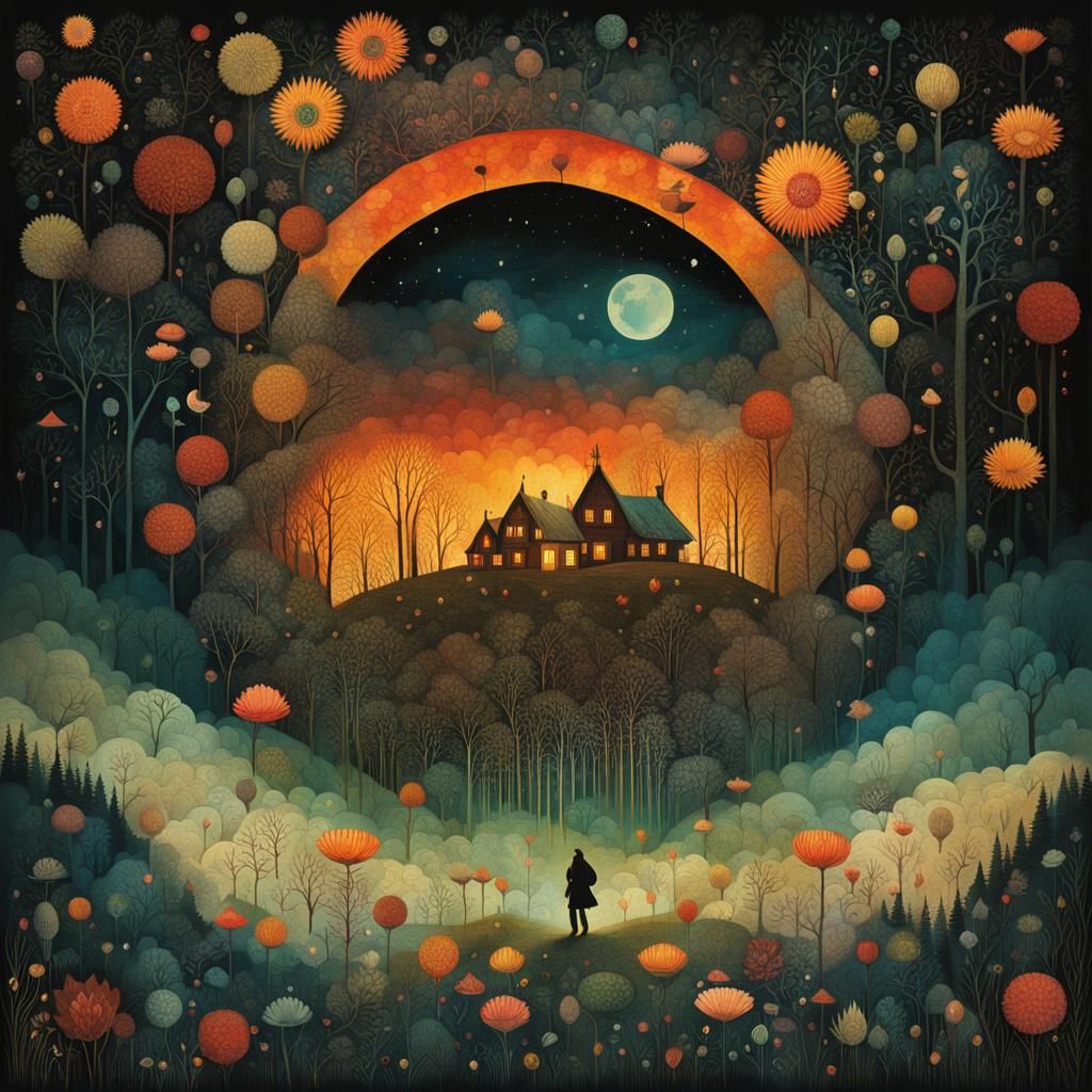 Surreal Folk Art Collage with Floral Details