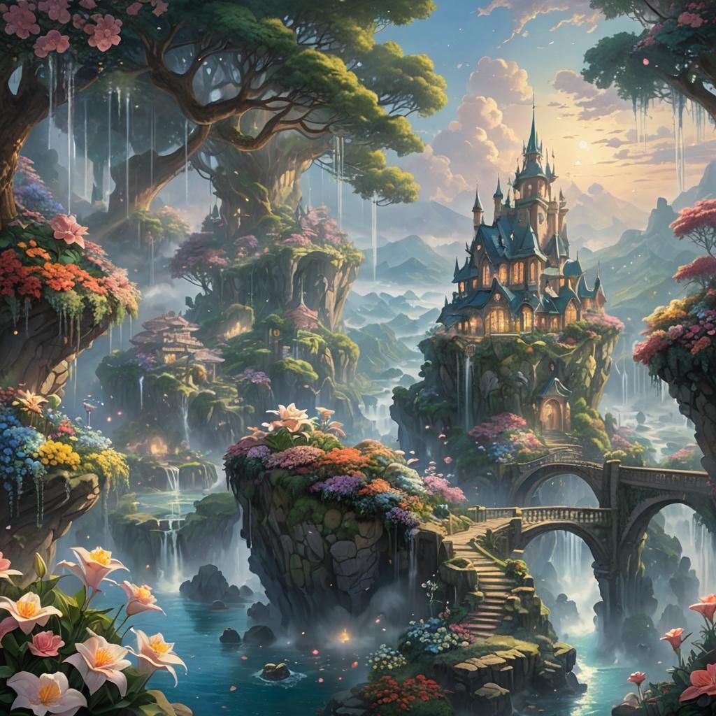 Ethereal Fantasy Floating Islands in Anime Style