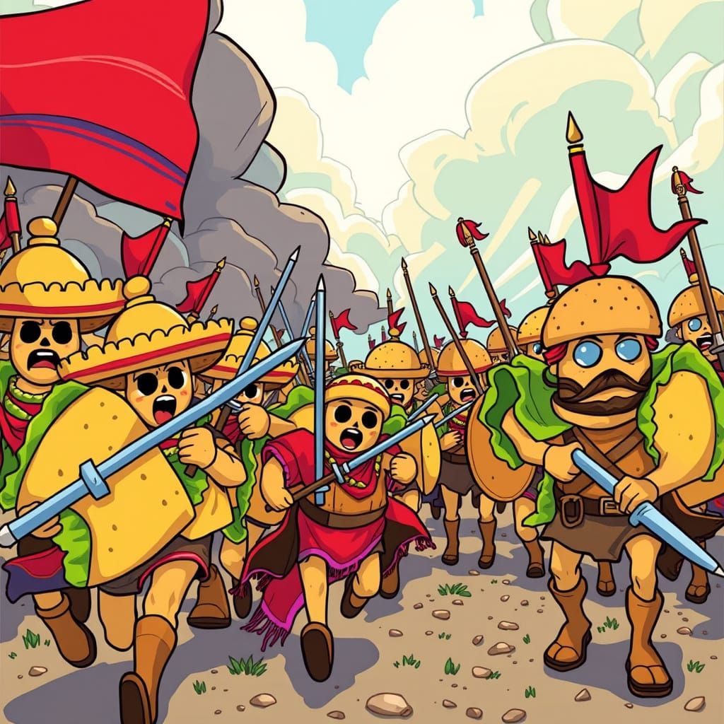 Vibrant Taco Warriors Clash with Burger Soldiers in Whimsica...