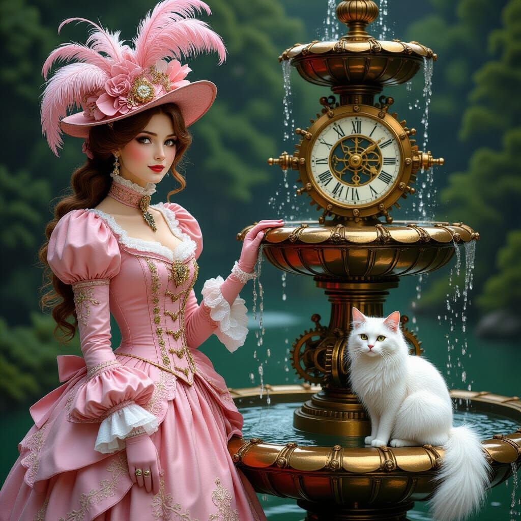 Steampunk Victorian Lady Beside Clockwork Fountain