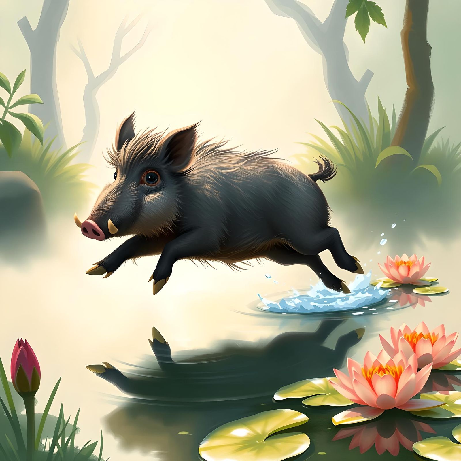 Boar's Playful Leap Across Pond