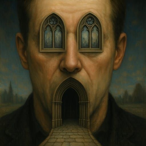 Surreal Man Portrait Gothic Cathedral Eyes Doorway Mouth