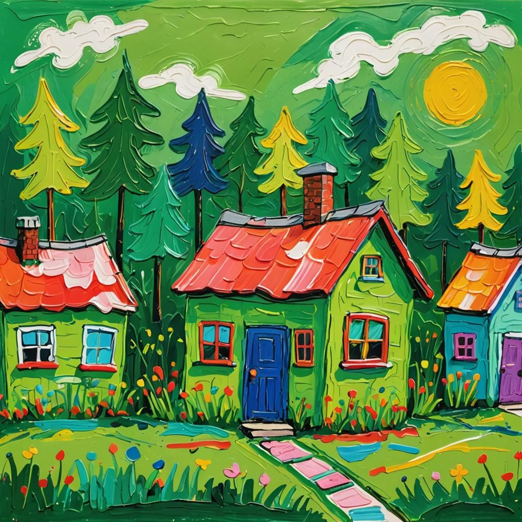 Whimsical Naive Art House in Sunny Colors