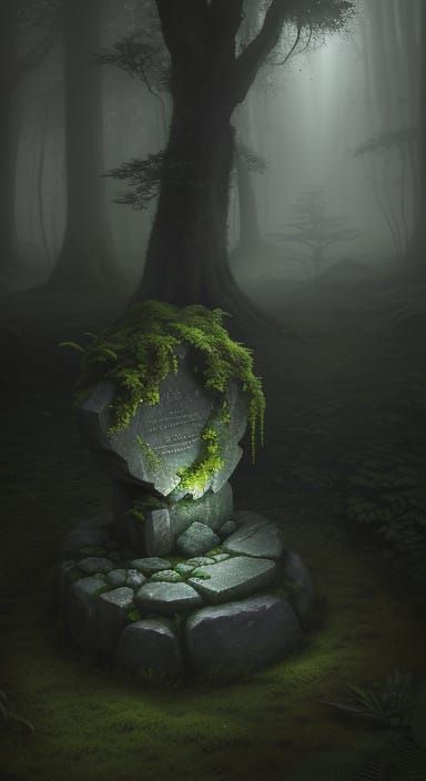 Ancient Glowing Stone in Misty Forest Clearing