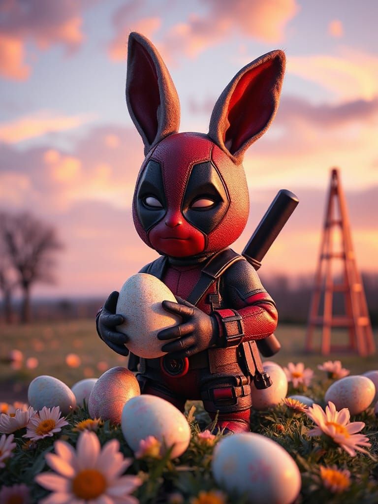 Chibi Easter Bunny Deadpool in Pastel Easter Eggs