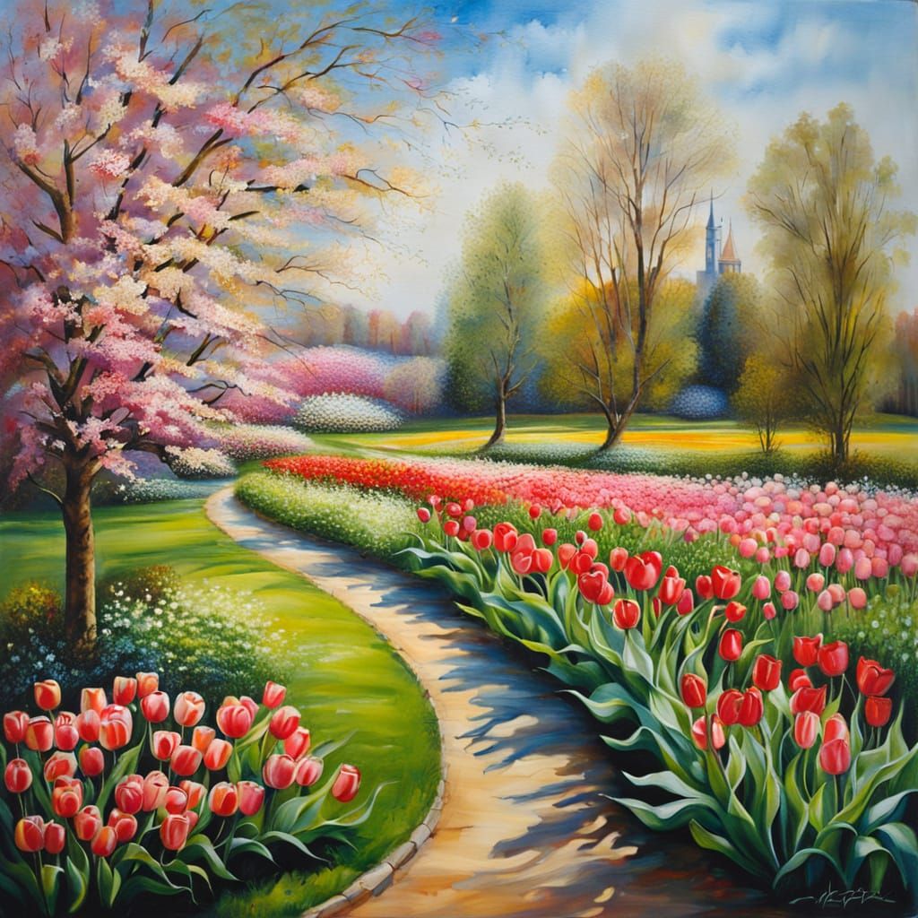 Spring landscape with tulips and dogwoods