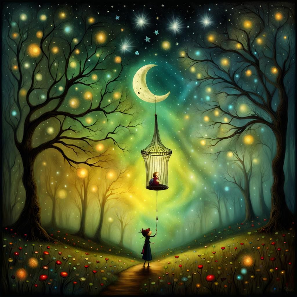 Demonic Figure Chasing Fireflies in Surreal Fantasy