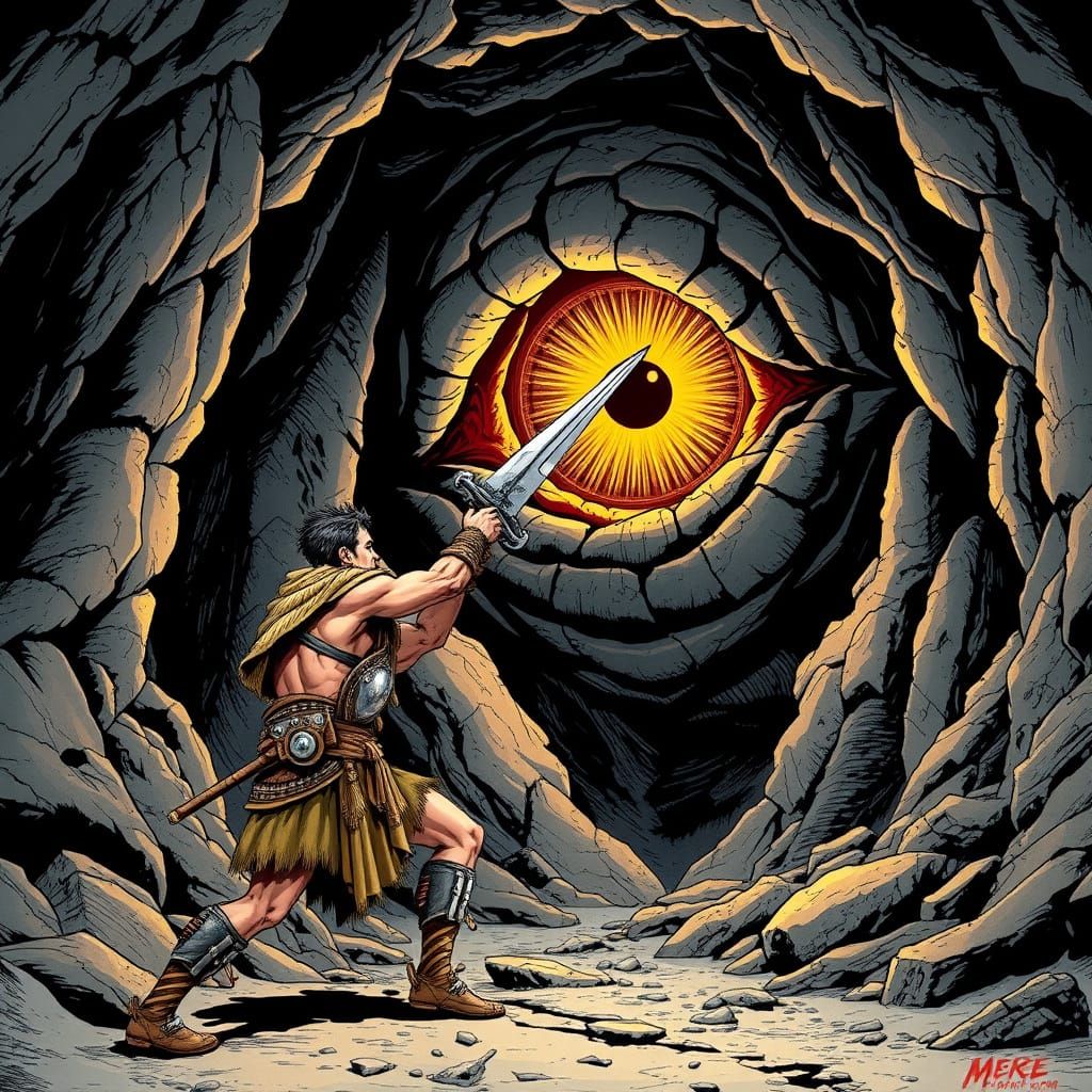 Greek Warrior Confronts Cyclops in Epic Comic Book Art