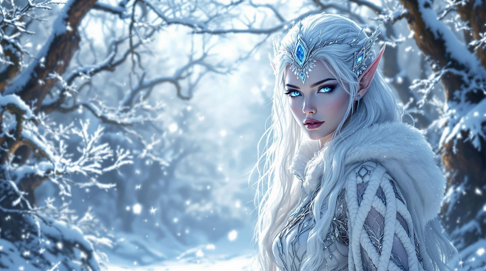 Winter Elf Queen in a Snowy Forest, in Atmospheric Matte Pai...