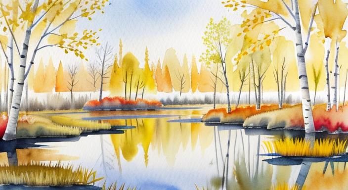 Pale Pastel Autumn Birches in Watercolor