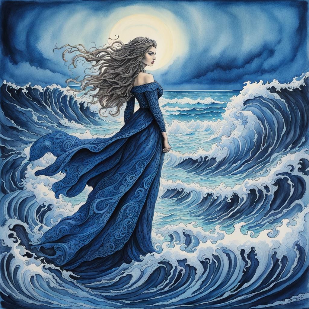 Blue Witch of Ocean Waves: Watercolor Brush Drawing