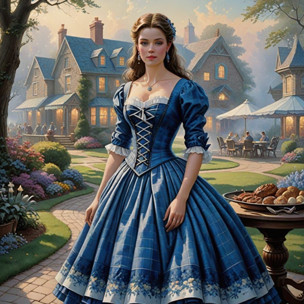 Woman in Blue Plaid Dress at BBQ, Ethereal Fantasy Style